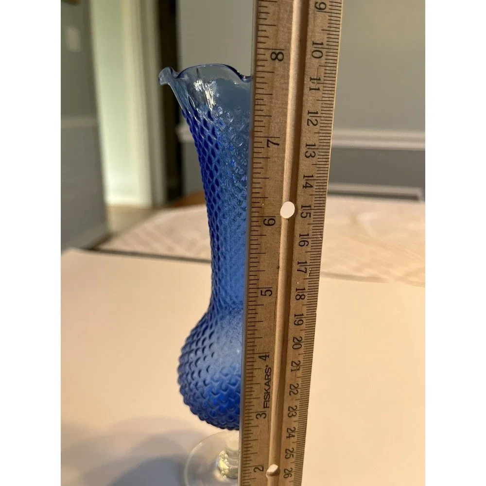 Blue Glass Diamond Cut, Ruffled Rim, Clear Footed Bud Vase Delicate